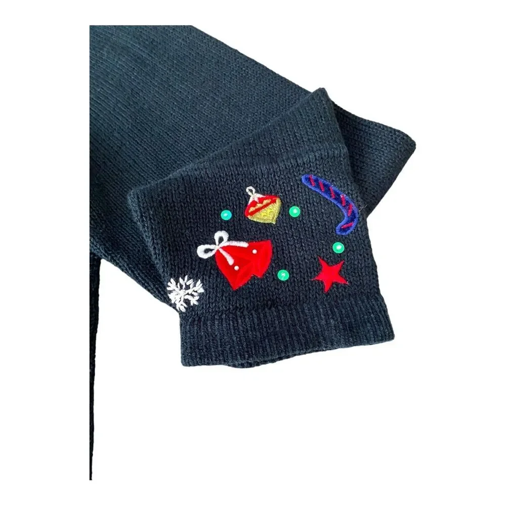 Keren Hart Vintage Embroidered‎ Christmas Zip Up Black Cardigan, Size Large